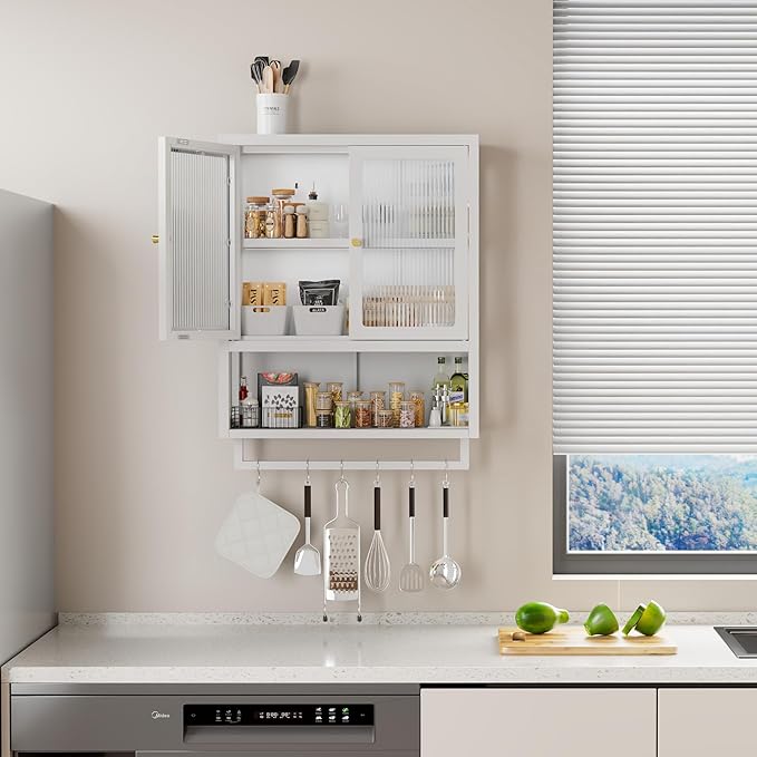 Bathroom Wall Cabinet with 2 Glass Door, Bathroom Medicine Cabinet with Towels - Image 9