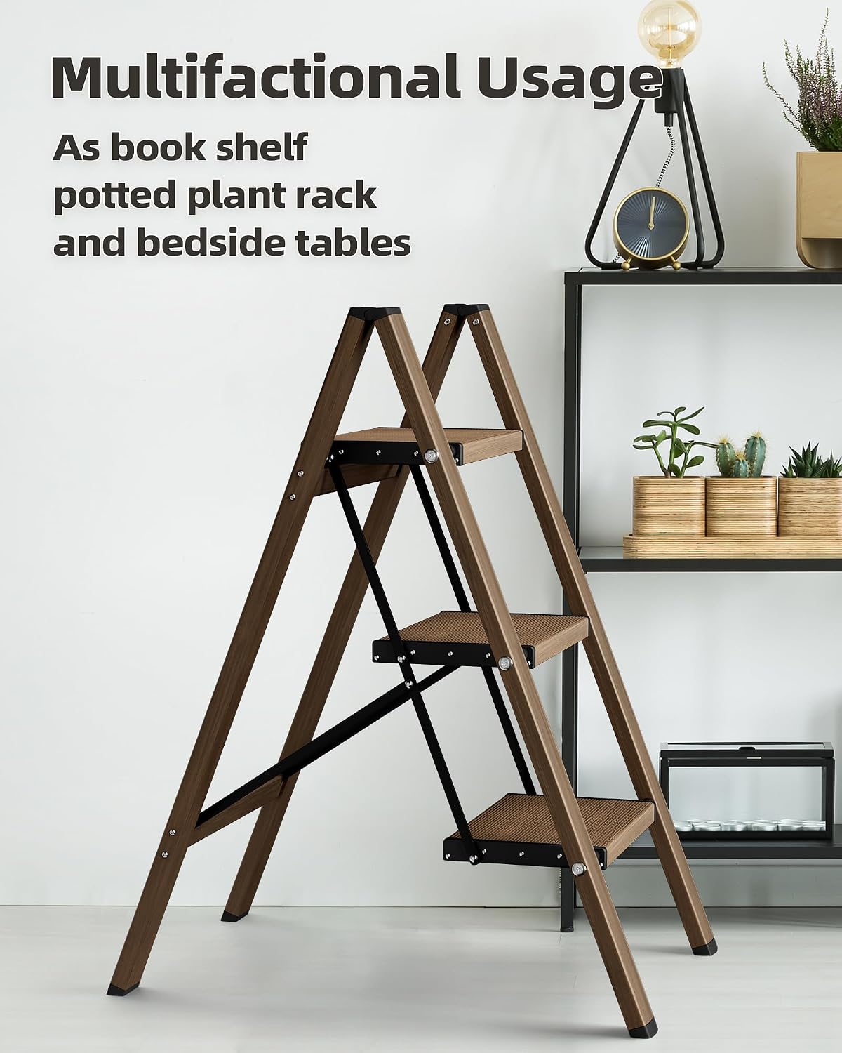 HillhutApex 3 Step Stool Foldable Ladder,Aluminum Step Ladder | Folding Lightweight Stable Stool with Wide Non-Slip Pedals, 330lbs Bearing Capacity Ladder for Office,Home,Kitchen-Walnut