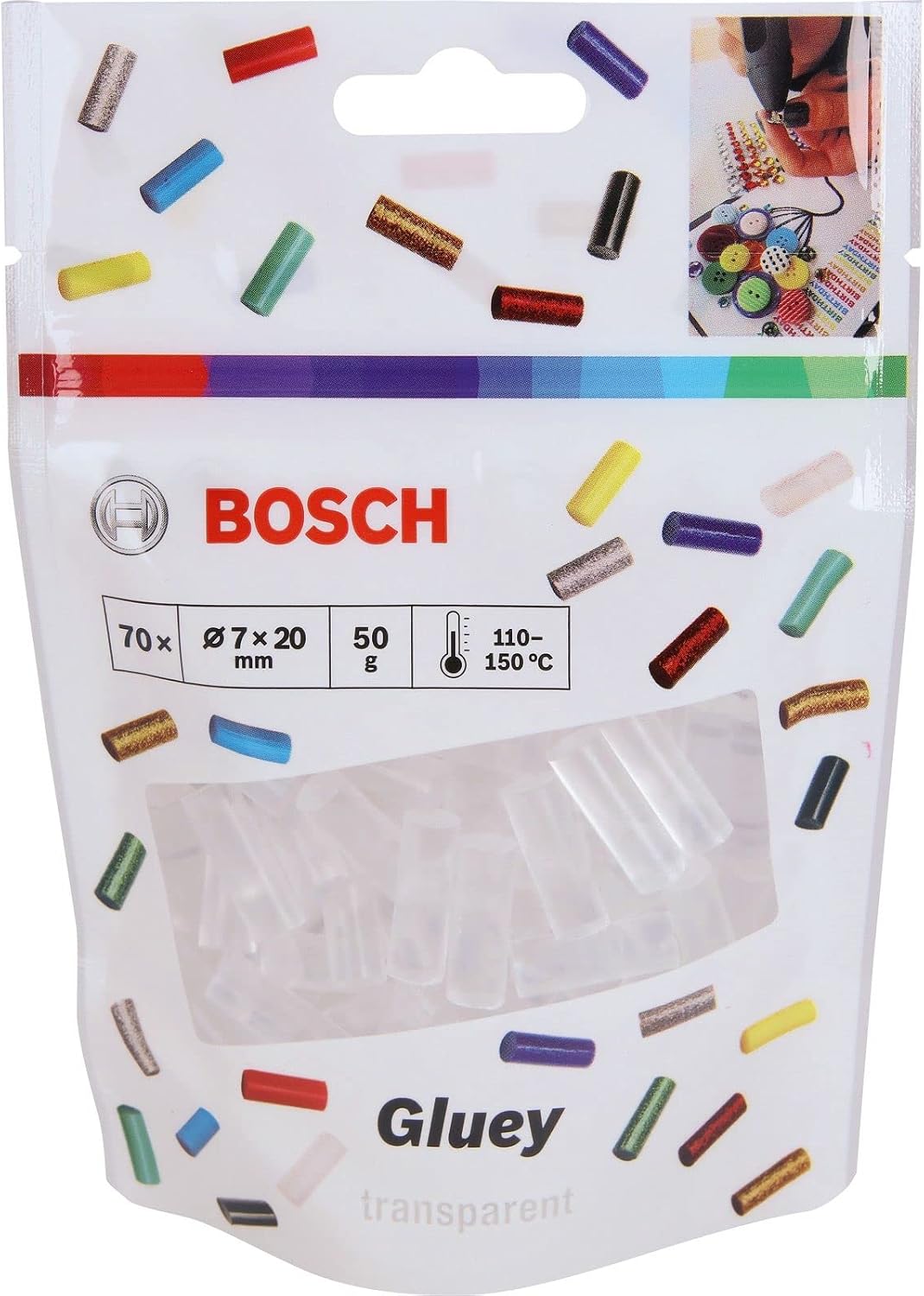 Bosch 70-Piece Gluey Transparent Glue Sticks (Gluey Sticks, 20x7 mm, Accessories for Gluey Hot Glue Stick)
