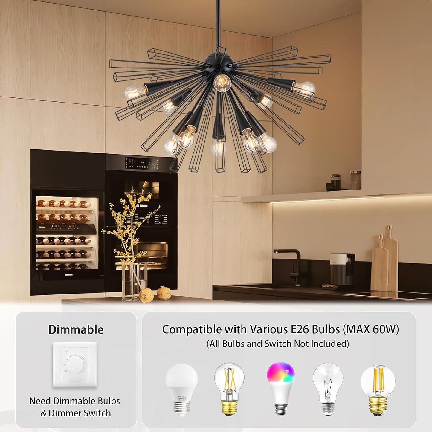 10-Light Black Sputnik Chandeliers, Modern Starburst Chandelier | 33" Farmhouse Dining Room Light Fixture, Large Pendant Light Fixture for Living Room Bedroom Kitchen, Adjustable Height, E26