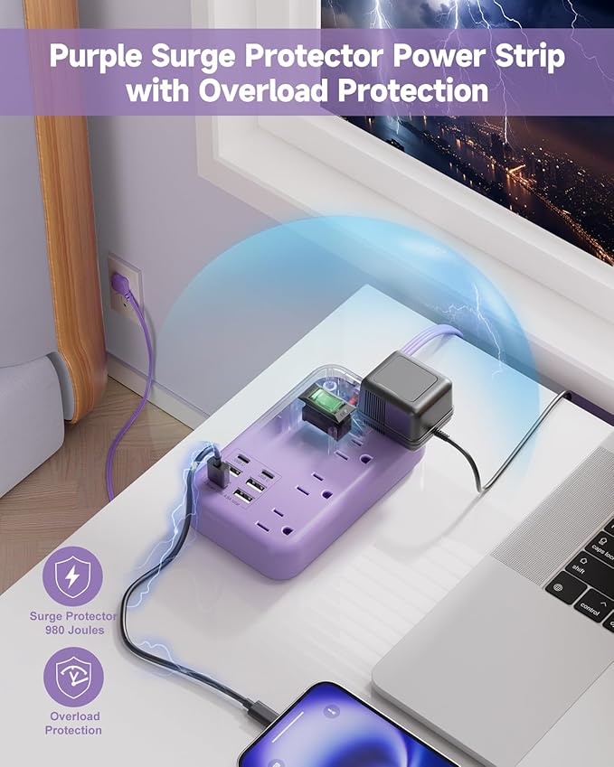 6 USB Purple Travel Power Strip- 5Ft Lavender Extension Cord - Image 8