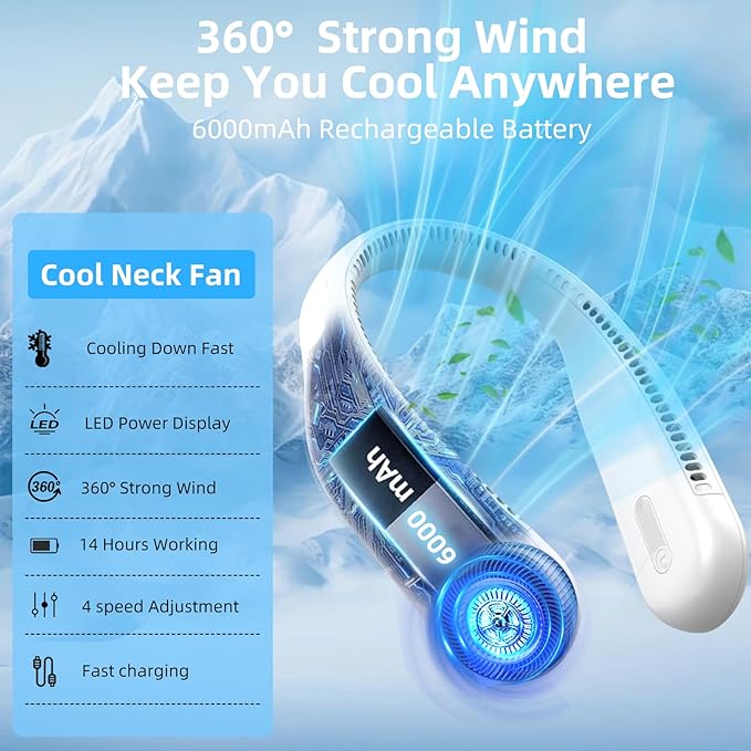 Portable Neck Fan, Hands Free Personal Wearable Bladeless Fan, 6000mAh USB - Image 8