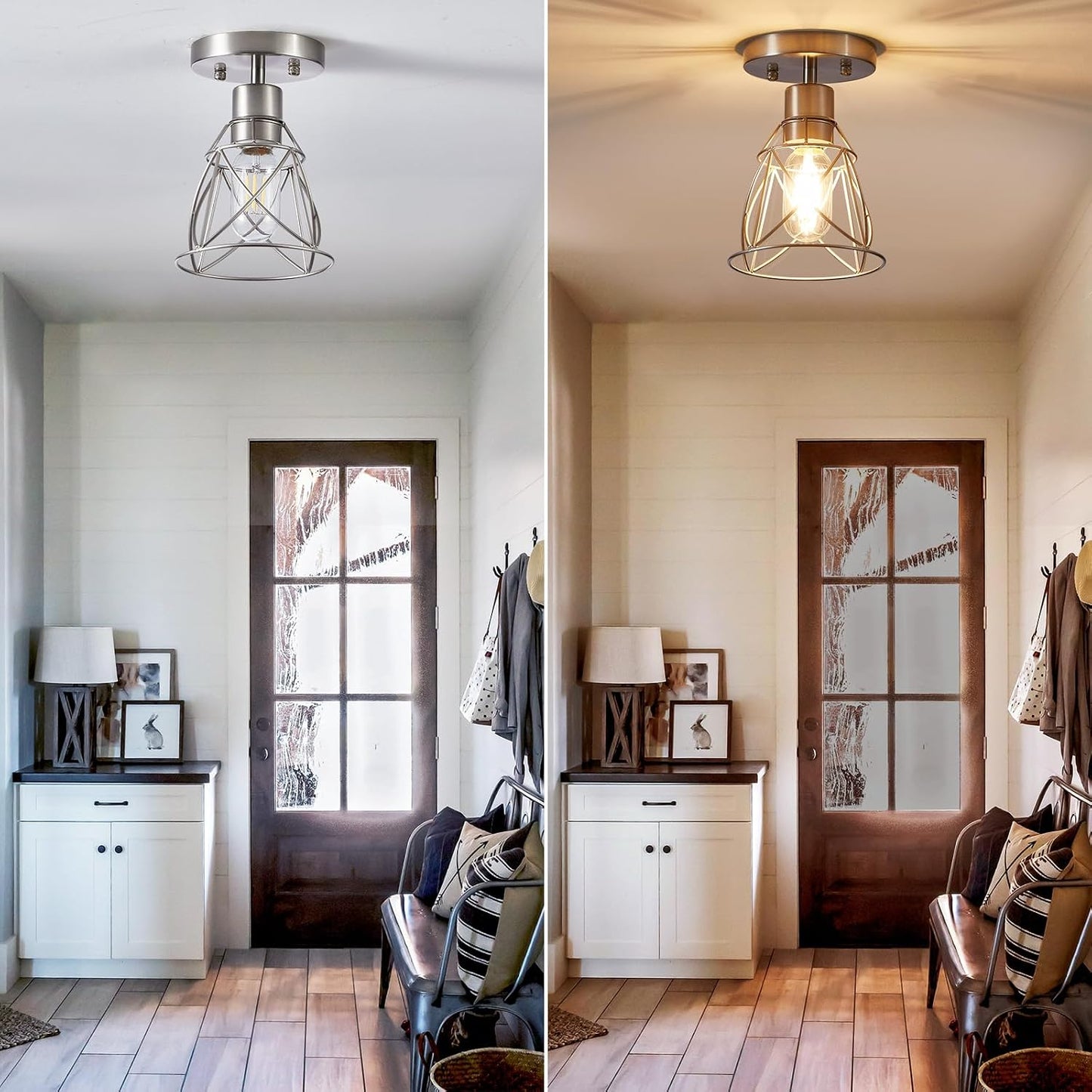1 Light Semi Flush Mount Ceiling Light Fixture, Rustic Modern Framhouse Brushed Nickel Kitchen Ceiling Light with Metal Cage Shade for Foyer Kitchen Hallway Entryway Bedroom(1 Pack)