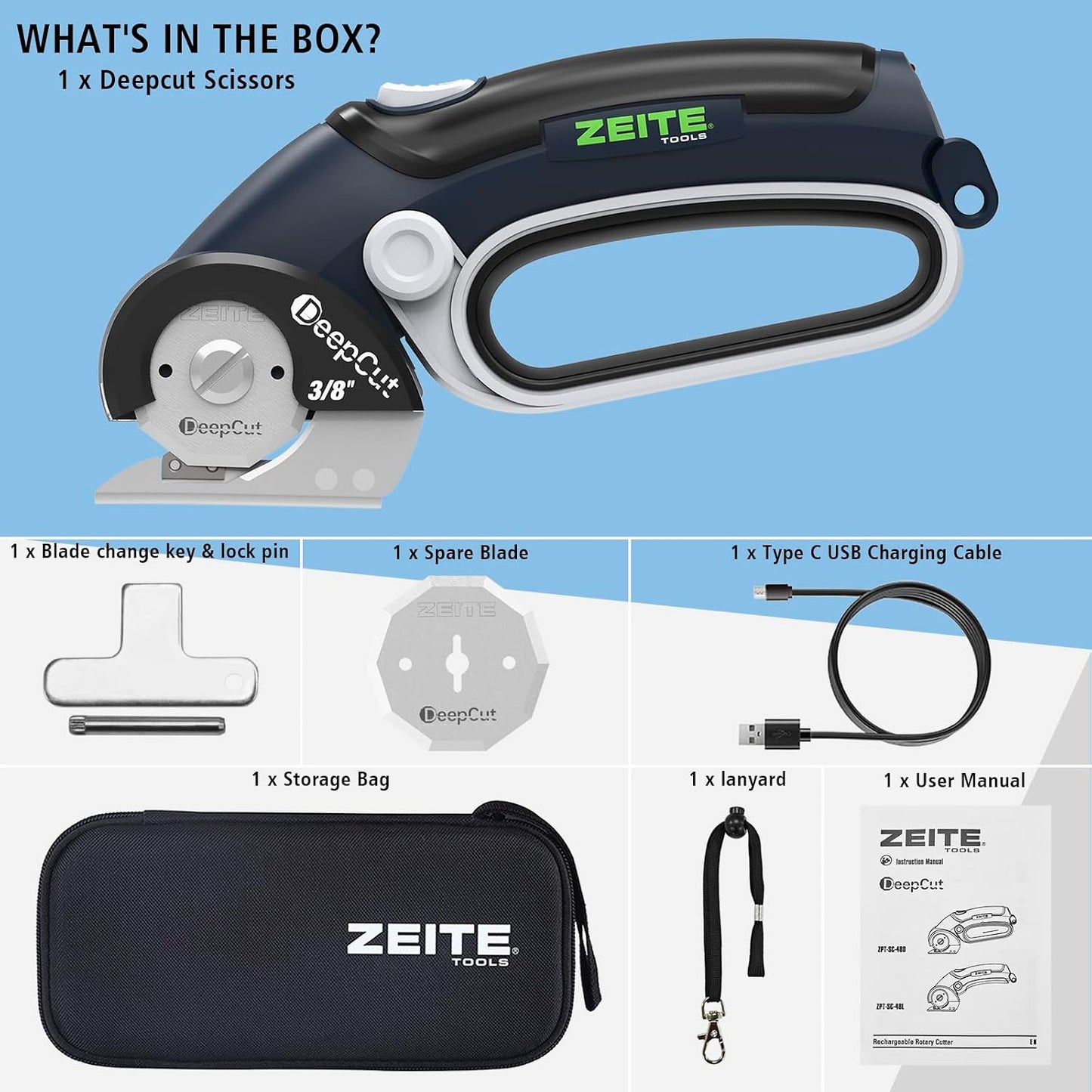 Deepcut 3/8" Electric Cardboard Cutter,Cordless Scissors with LED Light,Storage Box,Rechargeable Powerful Rotary Box Cutter with 2 Blades for Thick Cardboard, Fabric, Carpet, Leather