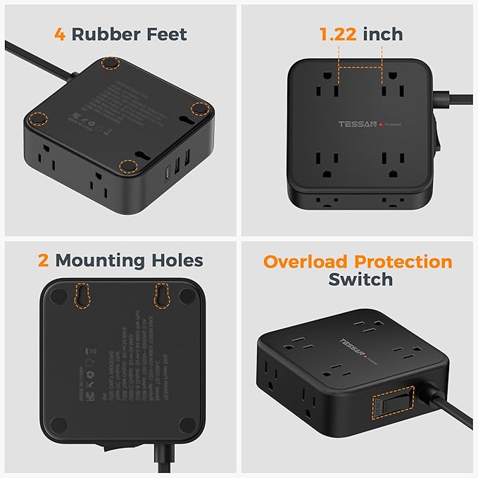 TESSAN Surge Protector Power Strip Black, 5 Ft Flat Plug Extension Cord - Image 7