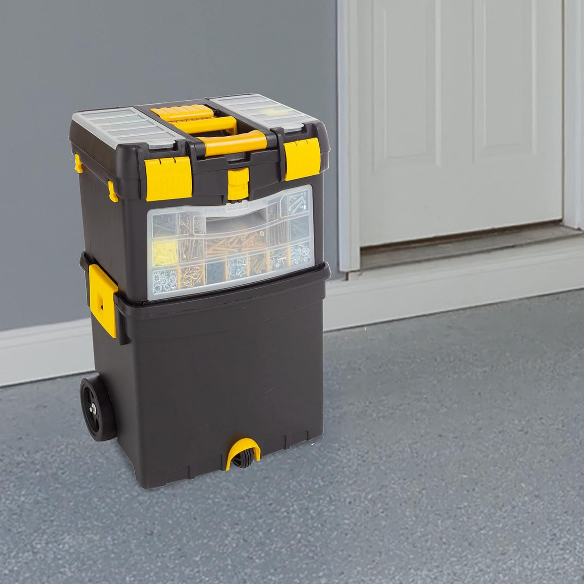 rolling tool box with wheels, foldable comfort handle on a desk or shelf