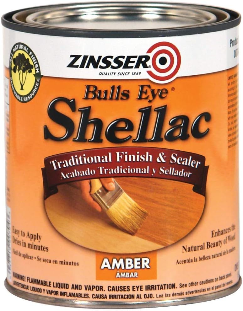Zinsser Bulls Eye Shellac Sealer, Amber, Quart | Bulls Eye Amber shellac, Quart. Fast-dry natural shellac seals & finishes wood, blocks stains & knots; classic warm/clear.