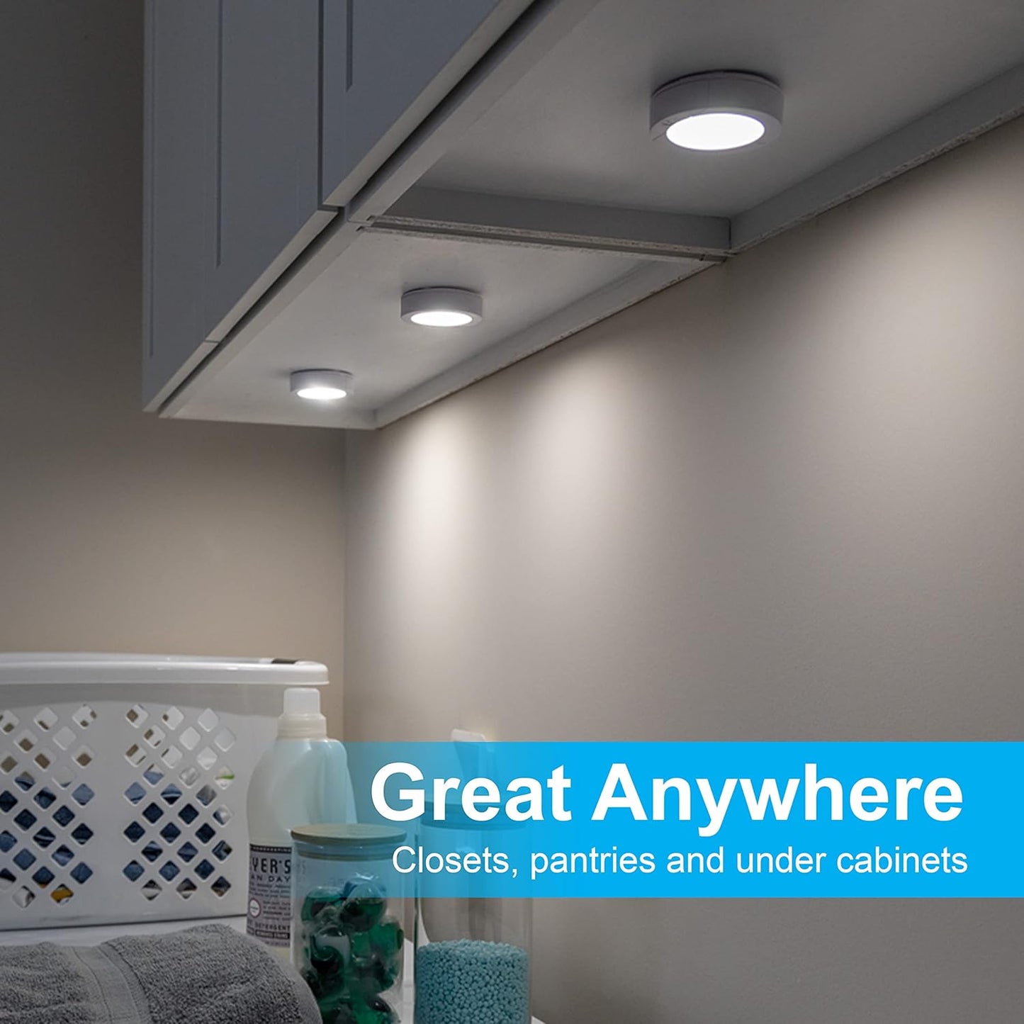 GE Under Cabinet LED Puck Lights Wireless Battery Operated, Touch Activated Stick On Lighting for Kitchen Closet Pantry Bookshelf Garage, Bright White 20 Lumen, 2 Pack, 25434