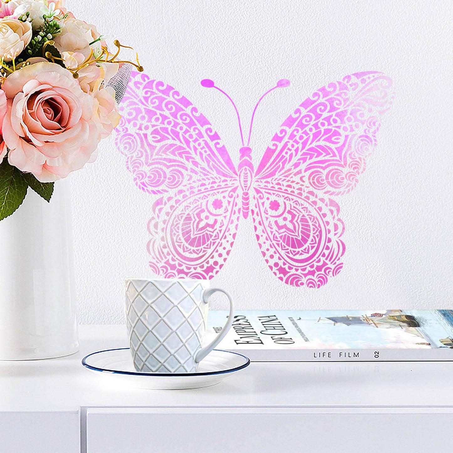 GSS Designs Butterfly Wall Decor Stencil - Mandala Butterfly Stencil (12x16 Inch) Painting on Floor Wall Fabric Furniture Wood Stencils -Reusable Template for Wall Decals Transfer(SL-024)
