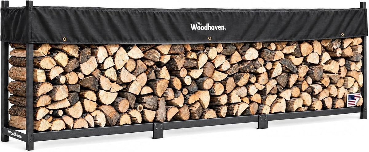 woodhaven 12-ft raised firewood rack black w/cover, 3/4, main product view