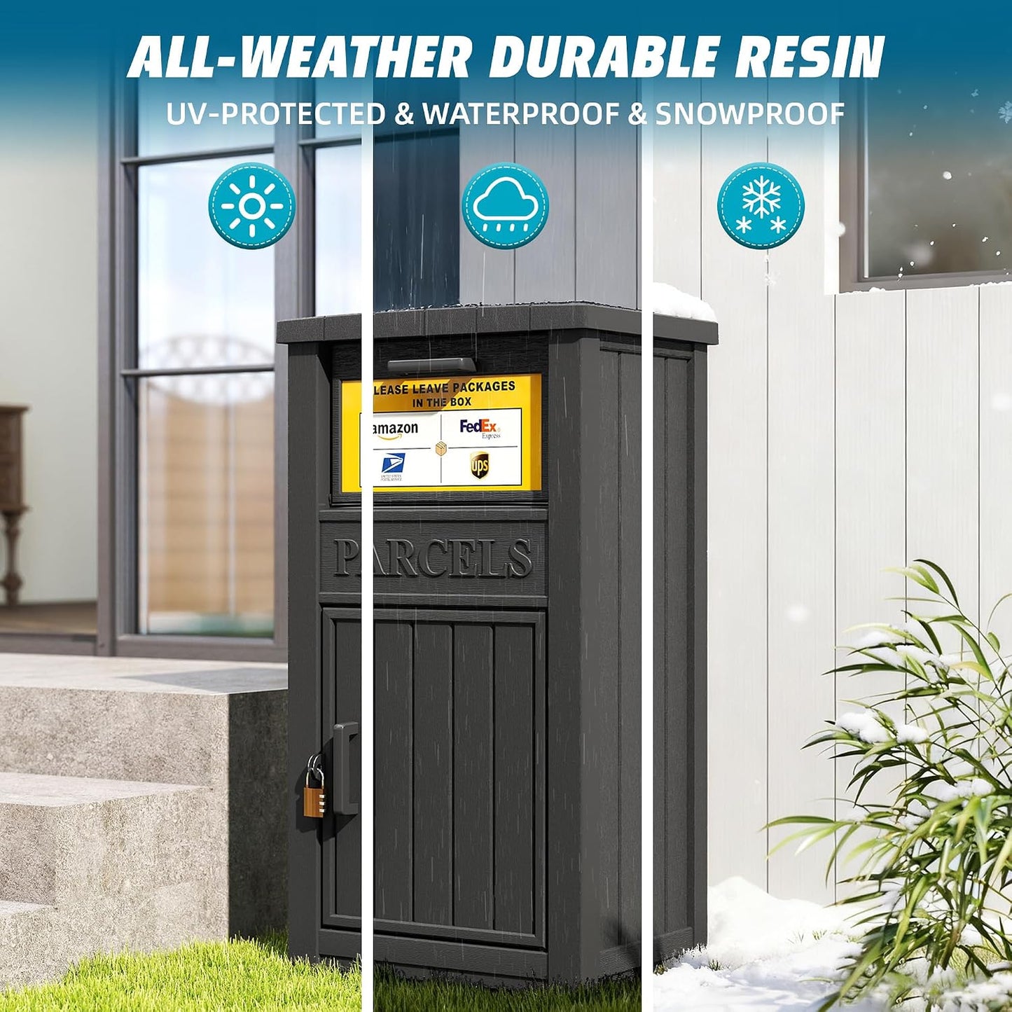 Package Delivery Box with Sign, Lockable & Weatherproof Anti-Theft Parcel Delivery Box for Porch, Curbside, Patio,Black