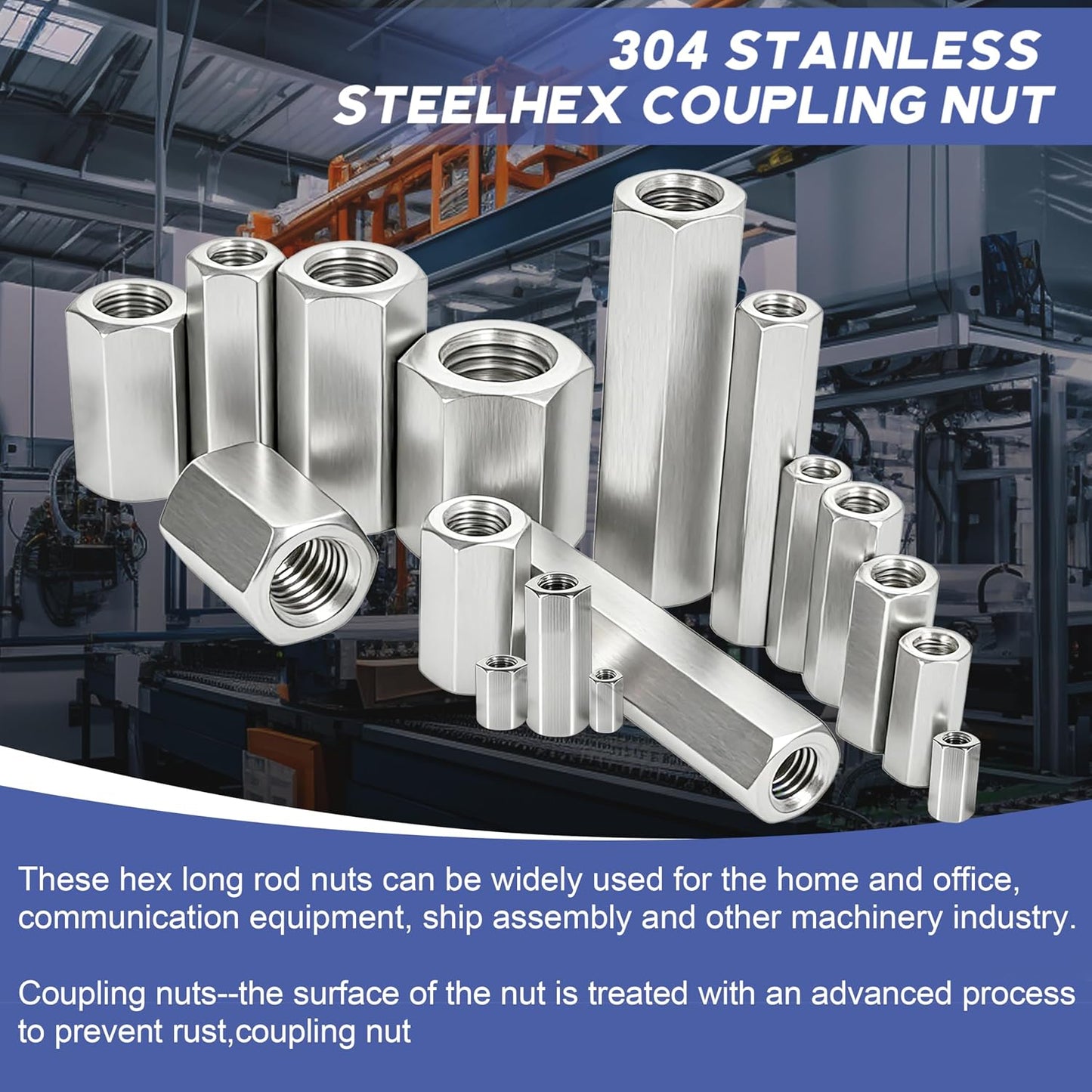 304 Stainless Steel Metric hex Coupling Nuts M6 x 1.0-Pitch 50mm 8 Pcs | Coupling Nuts,rod extension nut,metric threaded stud connector,long hex nut,bolt extender,DIY assembly hardware