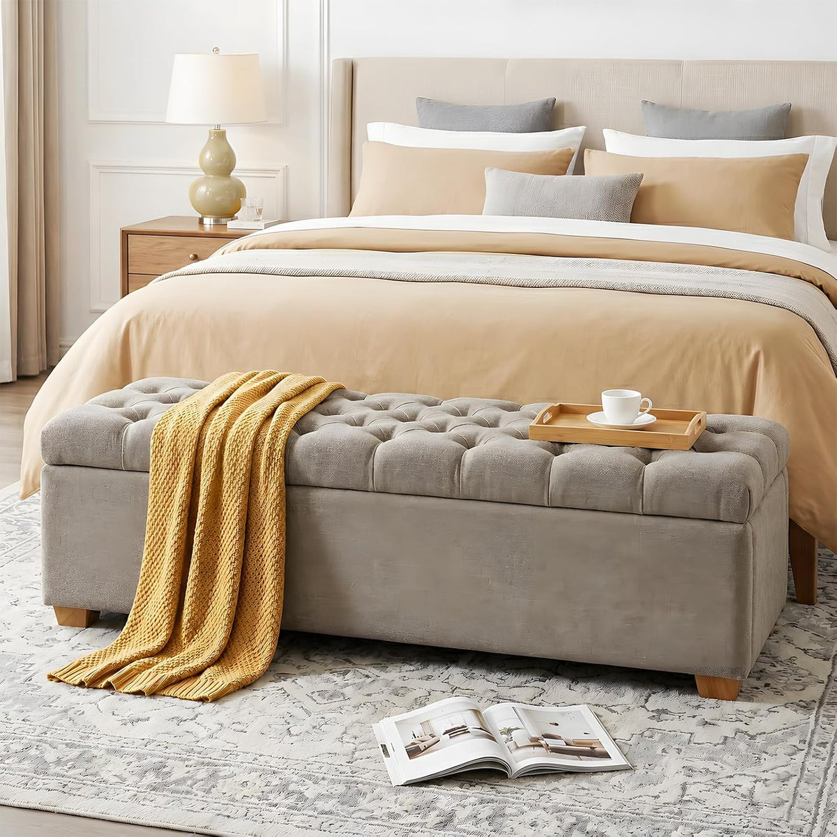 60" storage bench, modern glam chenille ottoman for, main product view