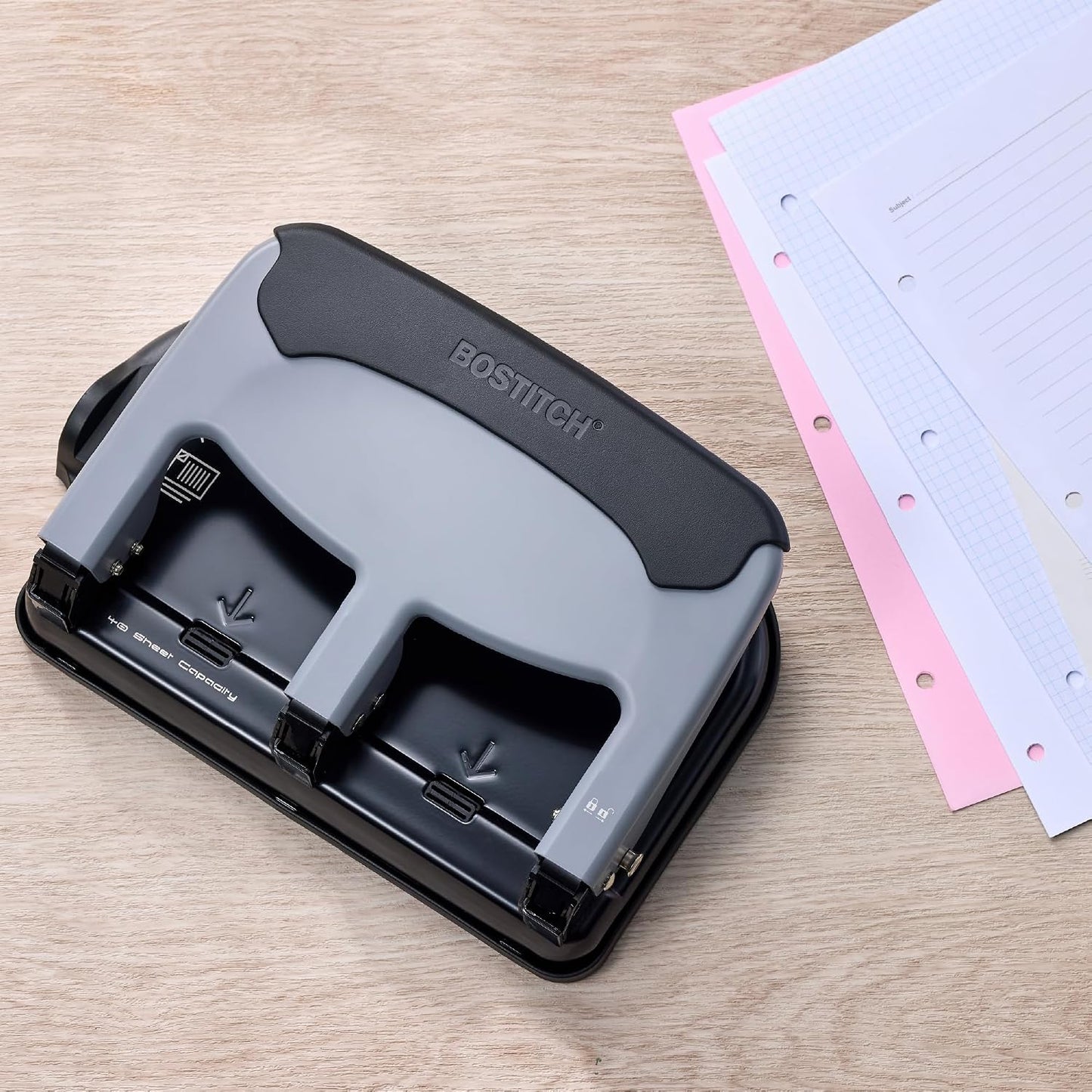 Bostitch EZ Squeeze 3 Hole Paper Punch, 40 Sheet Capacity, Heavy Duty Metal Office Hole Puncher with Chip Tray, Non-Slip Base & Paper Guide, 9/32" Holes for Binders, School & Home Office