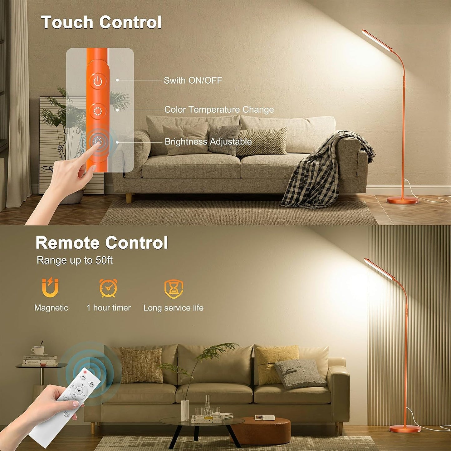 Yikuneng Dimmable LED Floor Lamp, Super Bright Reading Lamps Floor Standing lamp with Remote & Touch Control, Orange