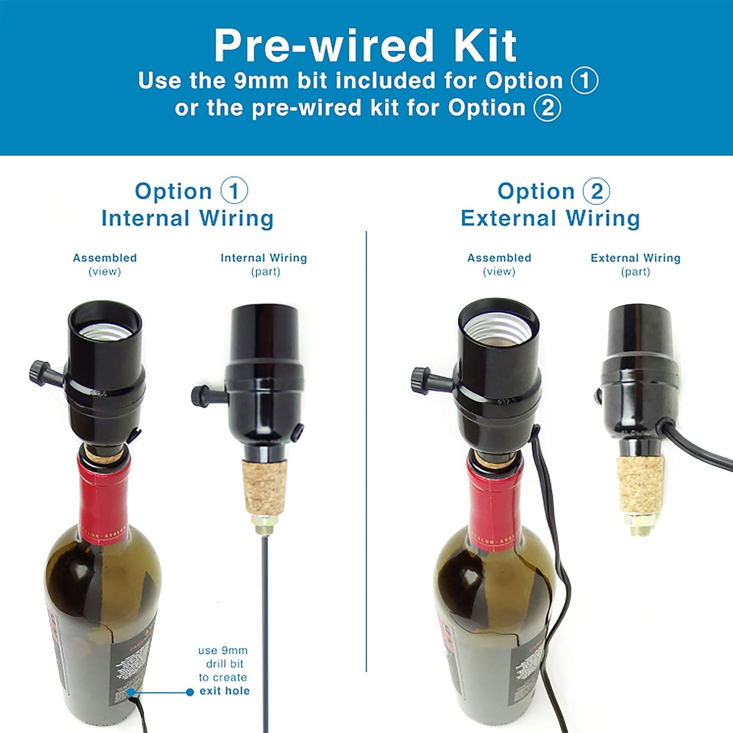 Bottle lamp kit, with 9mm Glass Drill bit, Works with Wine Bottle or Any Other Glass Liquor Bottles, UNO Slip-on Socket 8 ft Black Cord UL Listed lamp Wiring Parts.