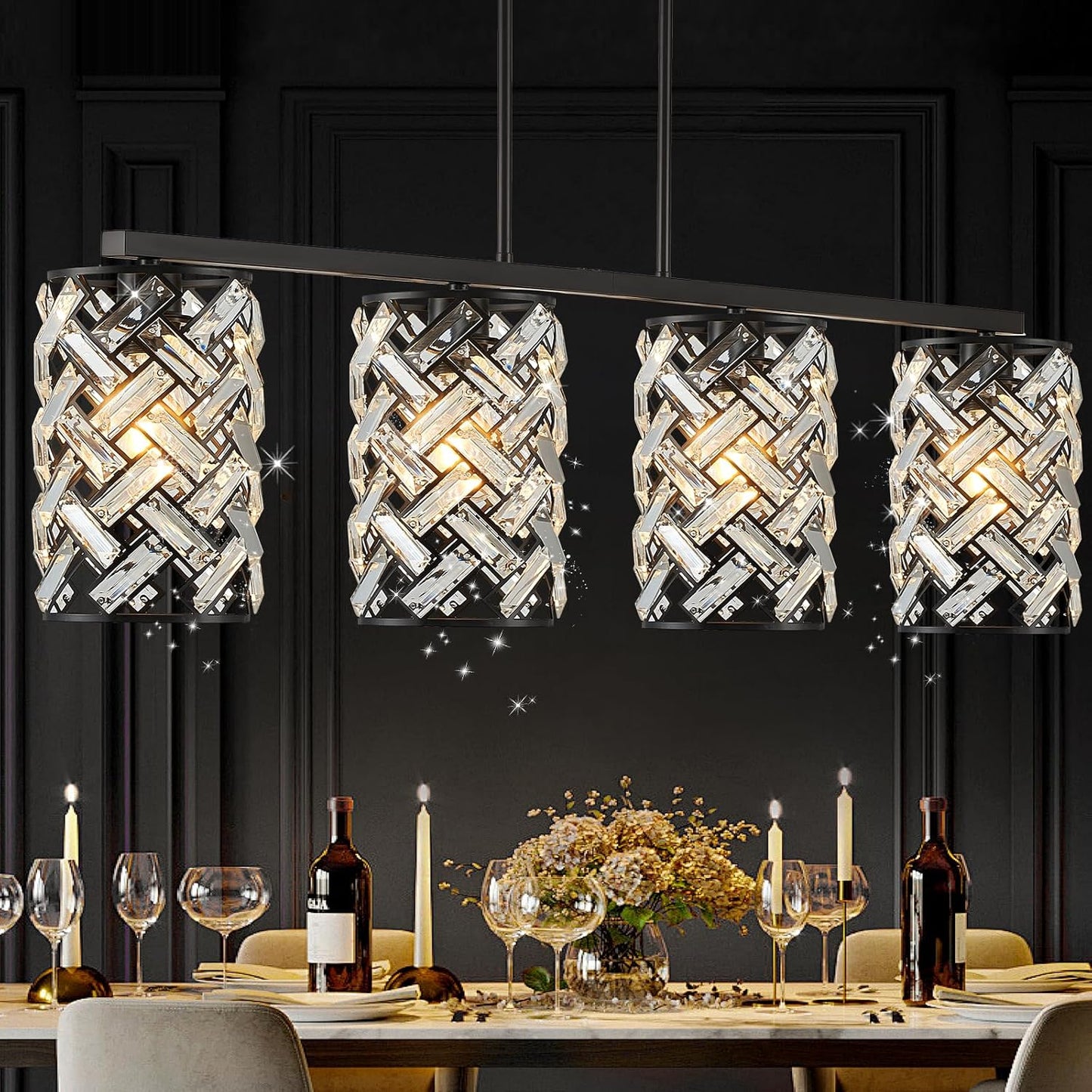 CATINER 40" Black Crystal Linear Chandelier, 4-Light Kitchen Island Pendant | 40-inch black crystal linear chandelier with adjustable height, 4 E26 lights, dimmable for kitchen islands and dining rooms