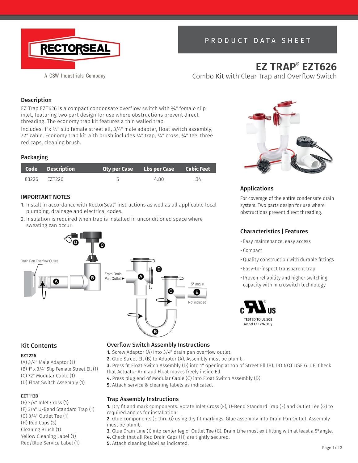 RectorSeal EZ Trap 83626 Combo Kit with Clear Trap and Overflow Switch with Brush, 600 Series, for Light Duty Applications, Easy Installation, HVAC, 3/4"" w/48 Cable