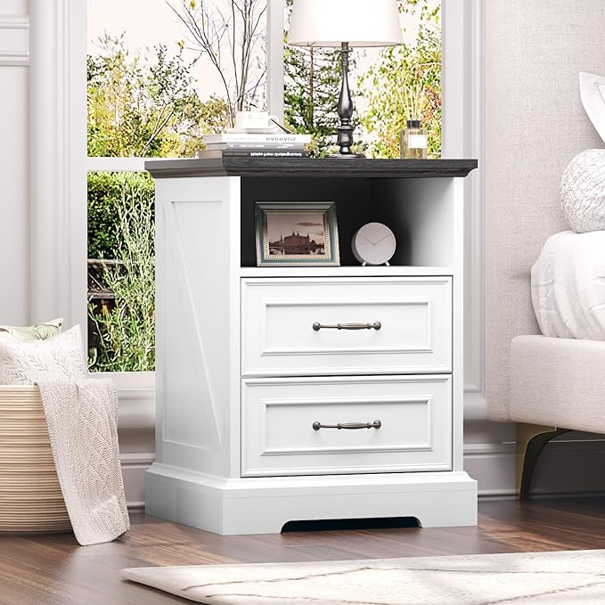 Nightstand with Charging Station Set of 2, Rustic Farmhouse Wood Small Dresser - Image 7
