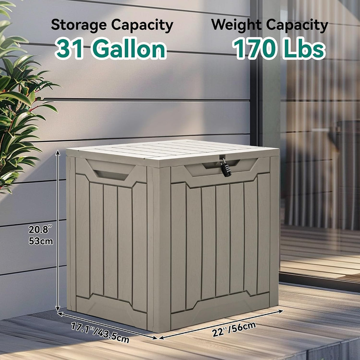 yitahome outdoor resin storage box 31 gal, water-resistant, front angle view
