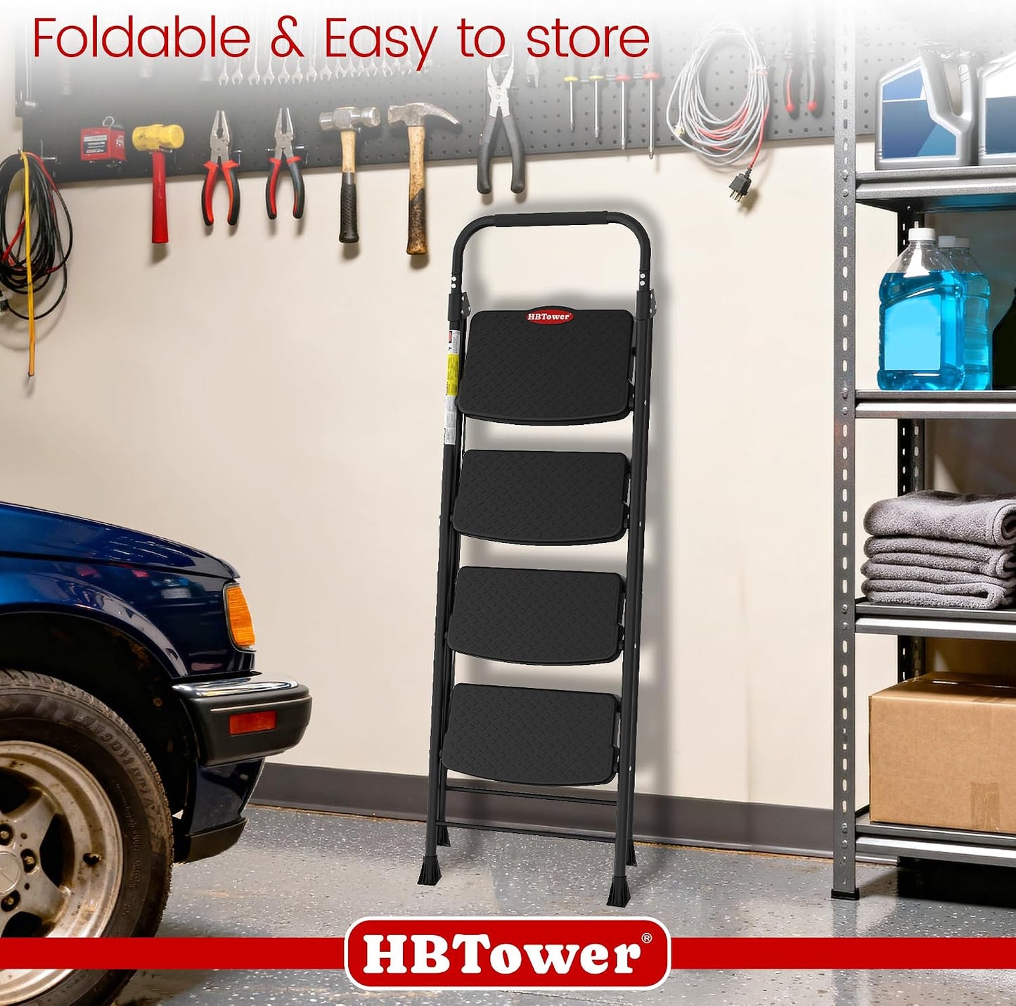HBTower 4 Step Ladder, Step Stool Foldable with Wide Anti-Slip Pedal | Sturdy Steel Ladders for Home Adults Kitchen