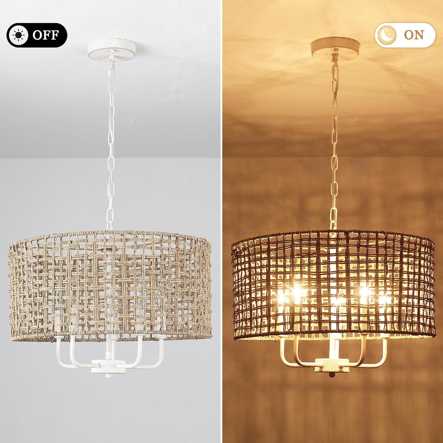 Rattan Chandelier 5-Light Farmhouse Boho Pendant Light Fixture for Dining Room Brown and White Woven Chandeliers for Ceiling Light,Bedroom,Living Room,Foyer,Kitchen Island,Coastal,Stairway,Hallway