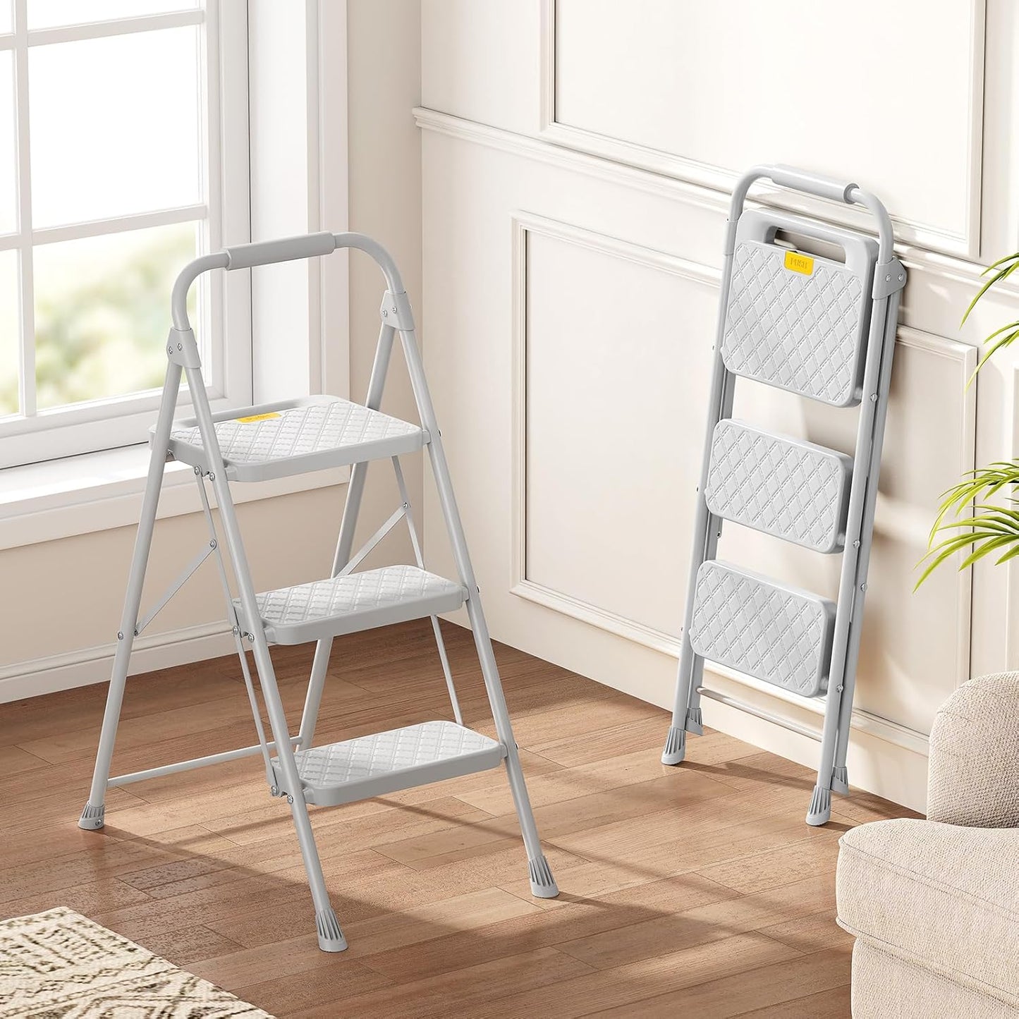 KINGRACK 3 Step Ladder, Folding Step Stool with Safety Lock & Sturdy Anti-Slip Pedals, Pass 800lbs Load Testing, Lightweight, Portable Steel Ladder with Handrails for Home, Kitchen, Garage, Office