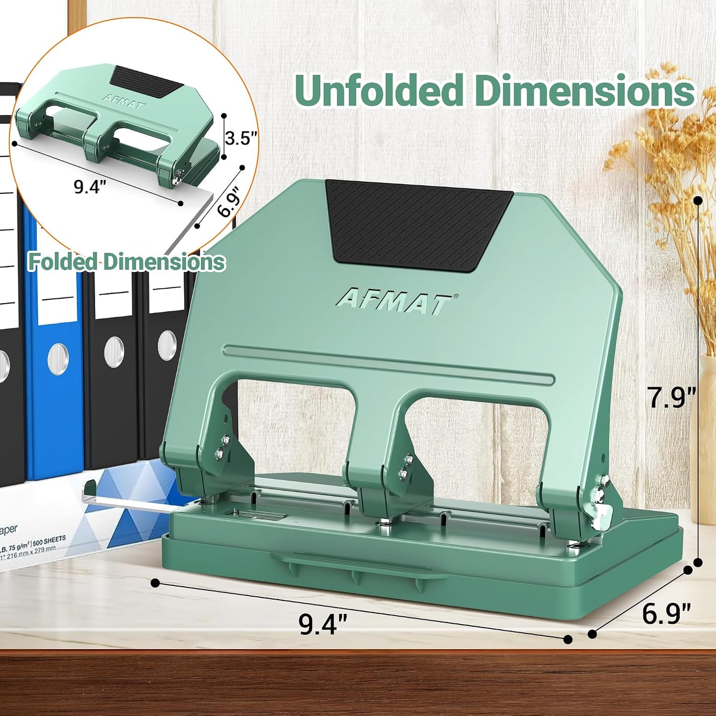 AFMAT 3 Hole Punch Heavy Duty, 9/32" Hole Diameter, 50-Sheet 3 Hole Puncher for Binder, 50% Reduced Effort, Metal Three Hole Punch w/ 10,000+ Uses, Bulit-in S.S. Paper Guide, Large Chip Tray, HPX5