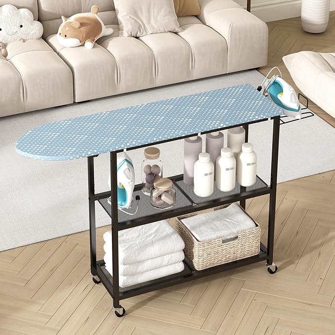 GILLAS Ironing Board with 2 Tier Storage Basket, Movable Ironing Board Full Size - Image 9