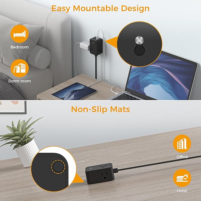 Flat Black Extension Cord, TESSAN Ultra Thin Power Strip - Image 6