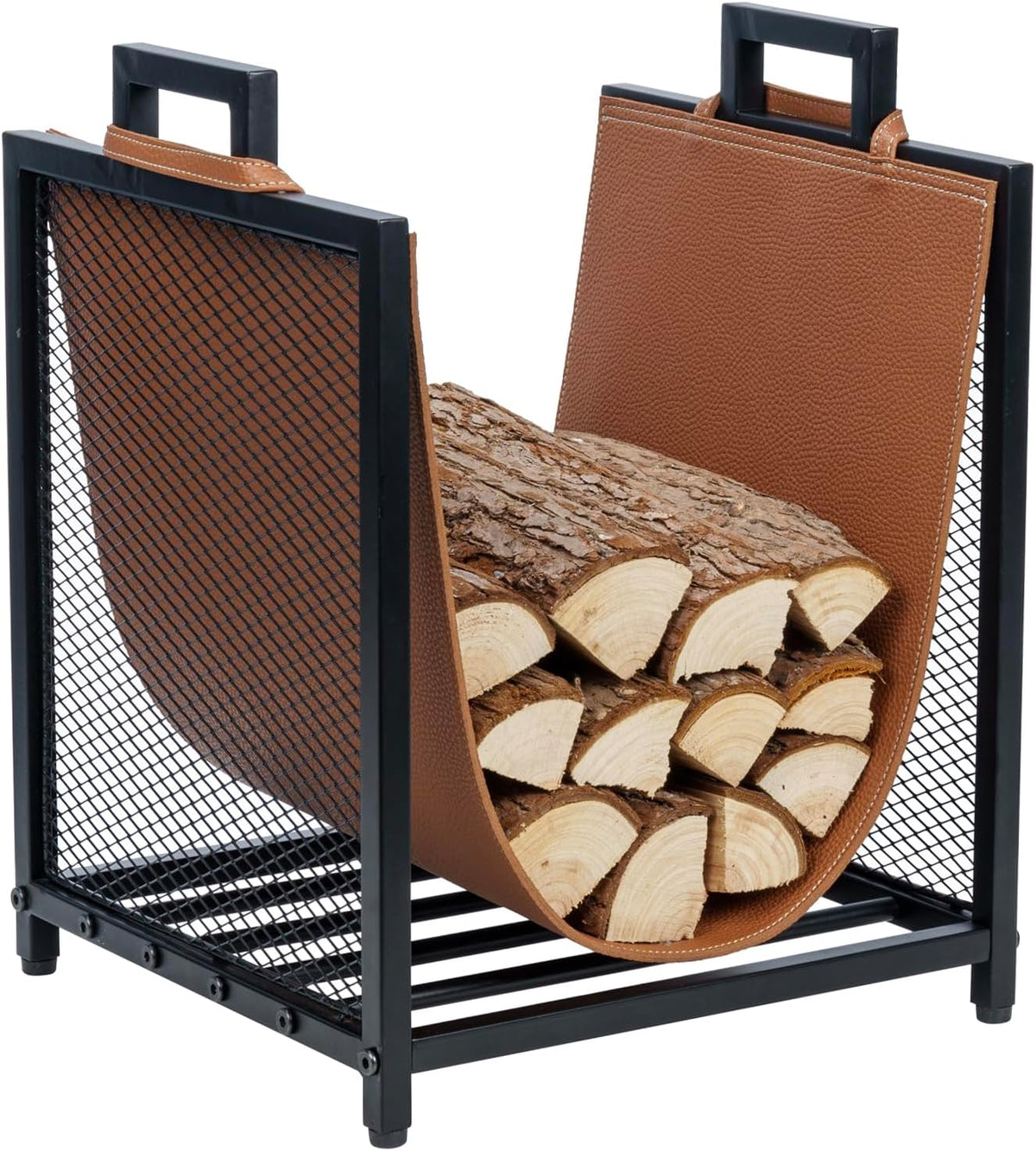 mygift black metal firewood stand with brown sling, main product view