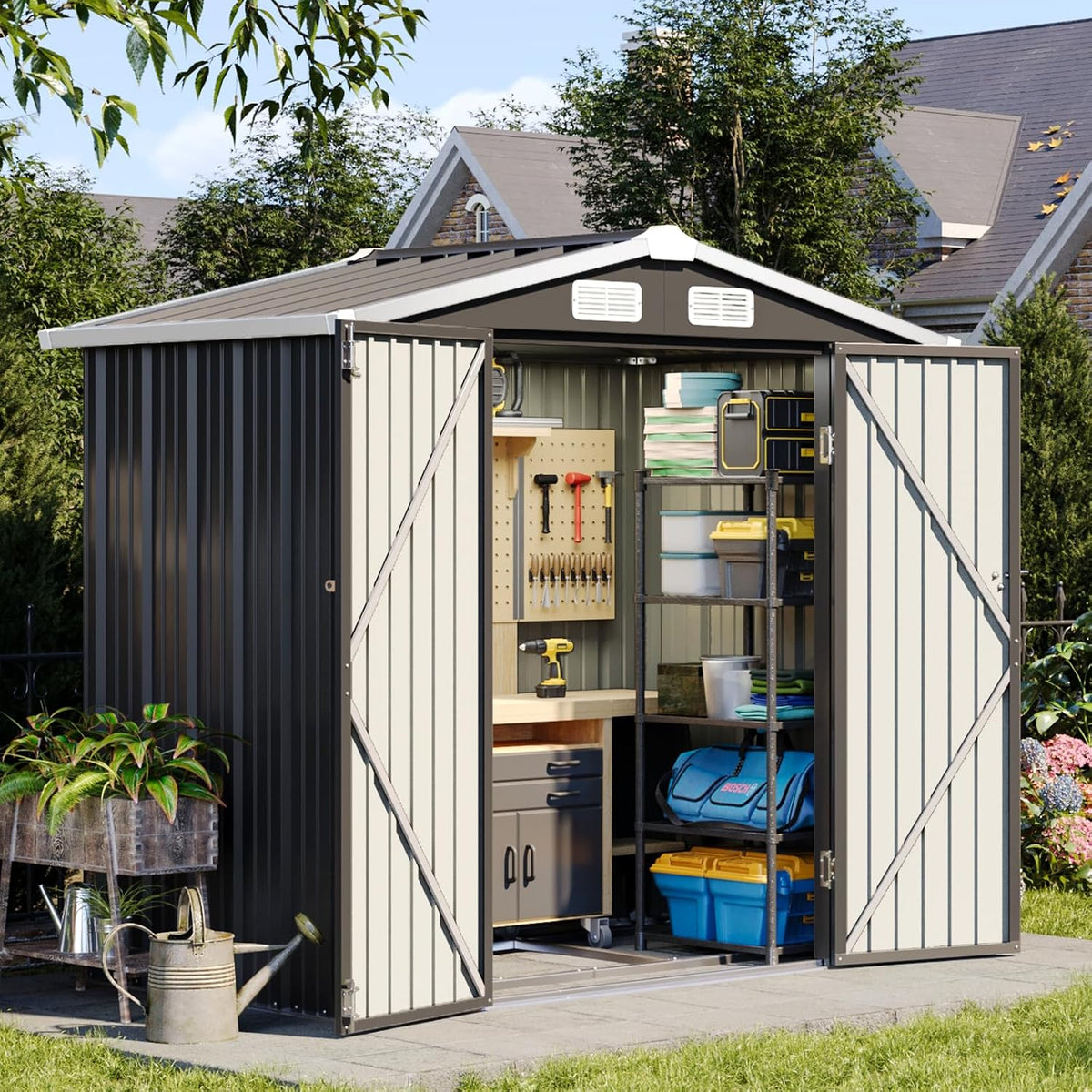 aoxun 6'x4' outdoor storage shed with base, black, main product view