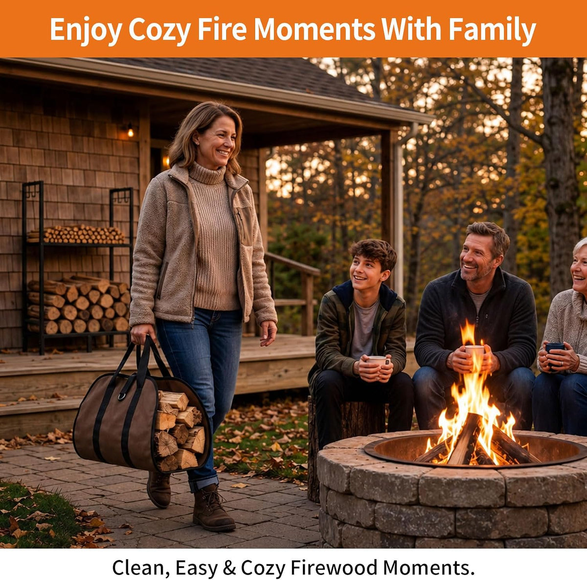 firewood rack indoor outdoor with log carrier, 2-tier, front angle view