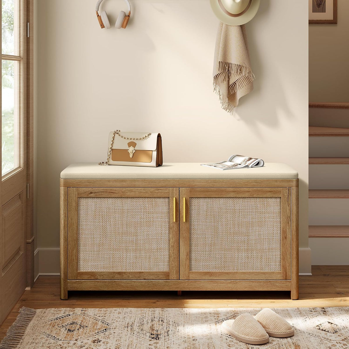 vasagle boho shoe bench with cushion, 2 rattan-look, main product view