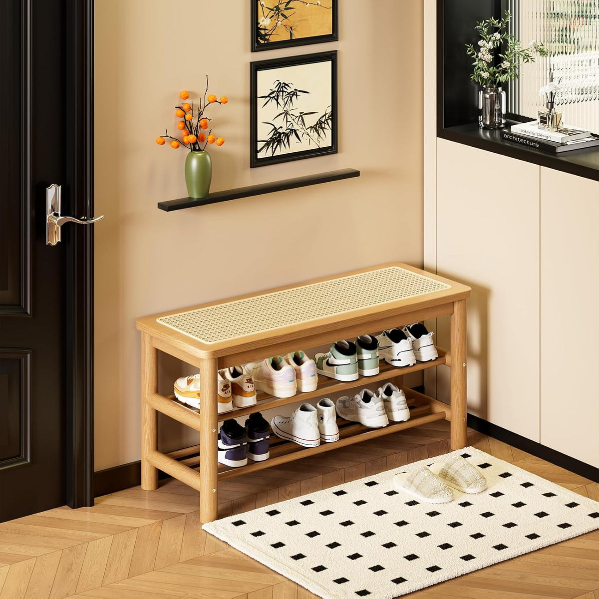 bamboo entryway bench with woven rattan seat, 2-tier, main product view