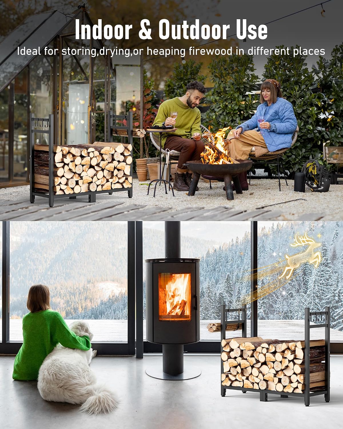 brightown 34 inch firewood rack indoor with log, front angle view