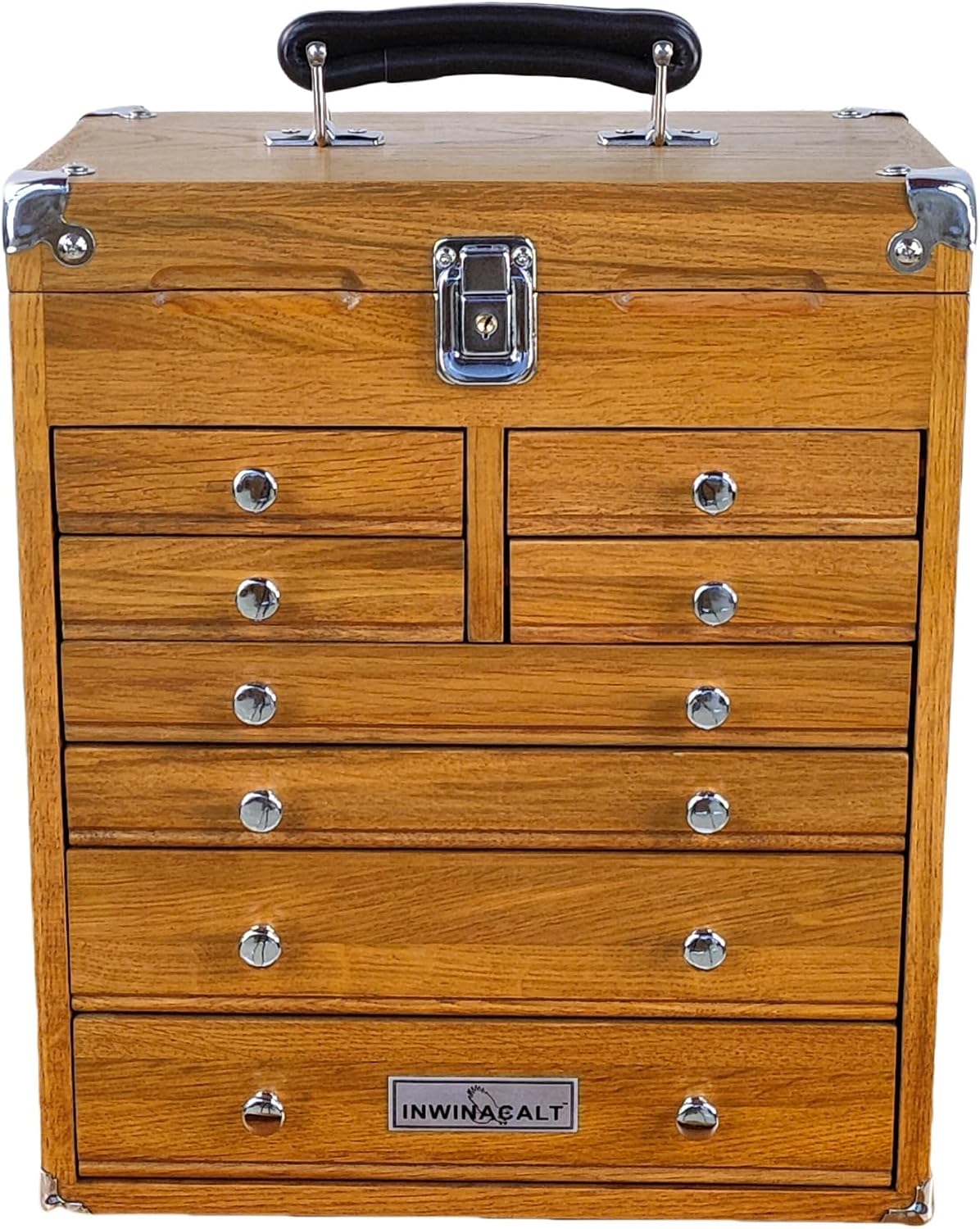 oak tool chest, 8-drawer portable storage with chrome, main product view
