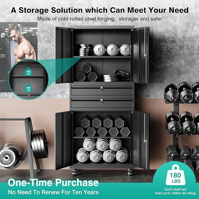 Metal Storage Cabinet with Wheels and Drawers, Rolling Garage Storage Cabinet - Image 9