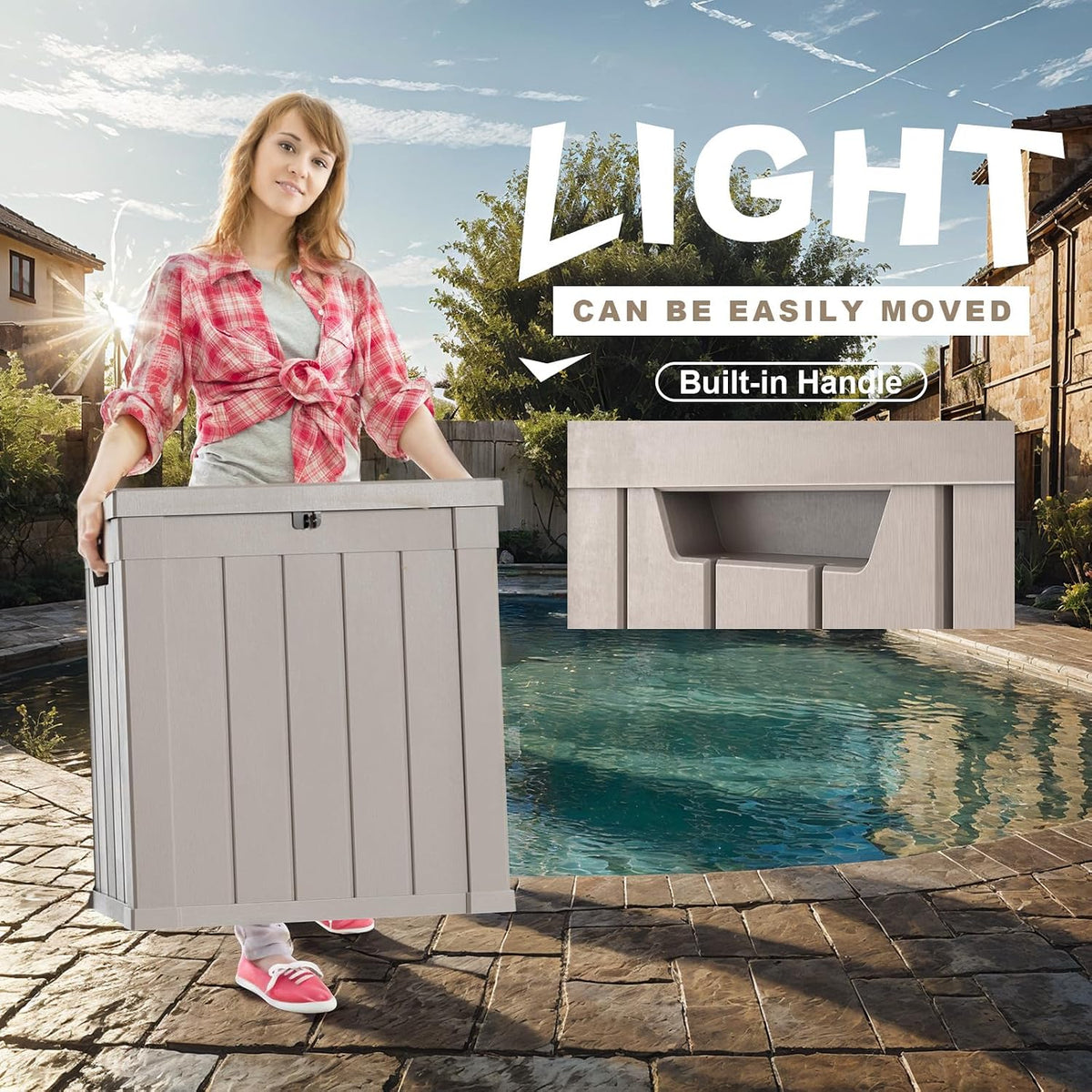 outdoor deck box waterproof resin storage box with on a desk or shelf