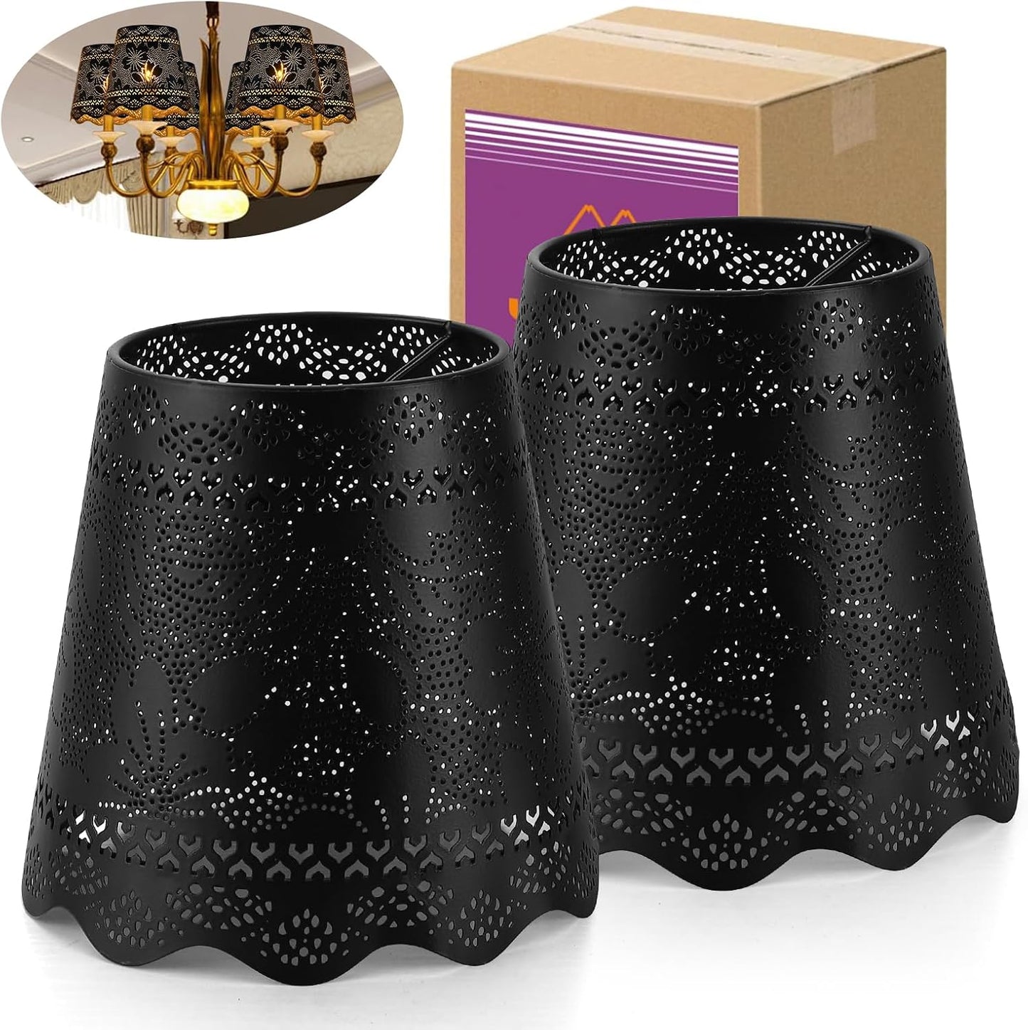 YISUN Chandelier Lampshades Set of 6, Small Metal Lamp Shade 3.9" Top x 5.9" Bottom x 5.5" High, Fit for Candelabra Bulbs, Clip-on Lamp Shades (Flower Black)