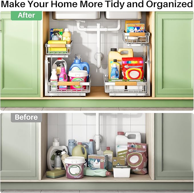 Under Sink Organizer, Stainless Steel 2 Packs 2 Tier Under Sink Organizers and - Image 8