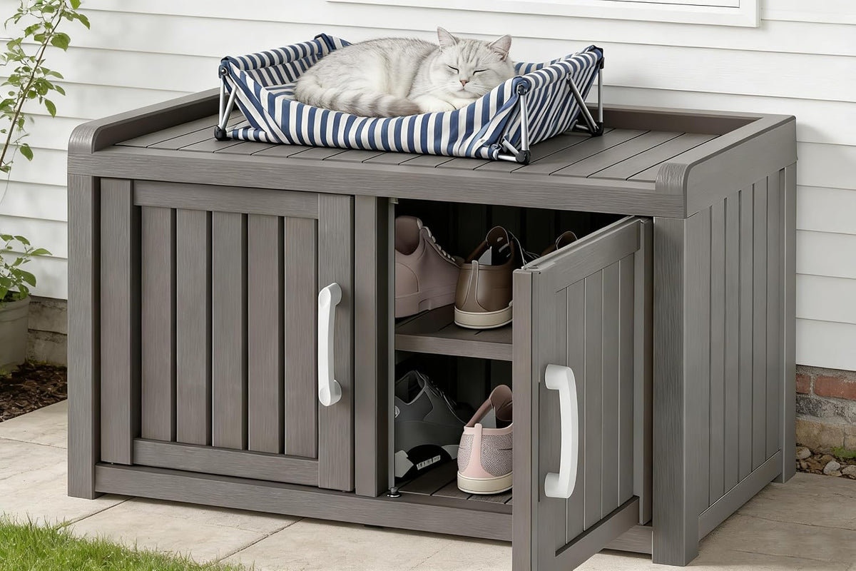 2-tier storage bench, waterproof uv-resistant outdoor shoe storage, main product view