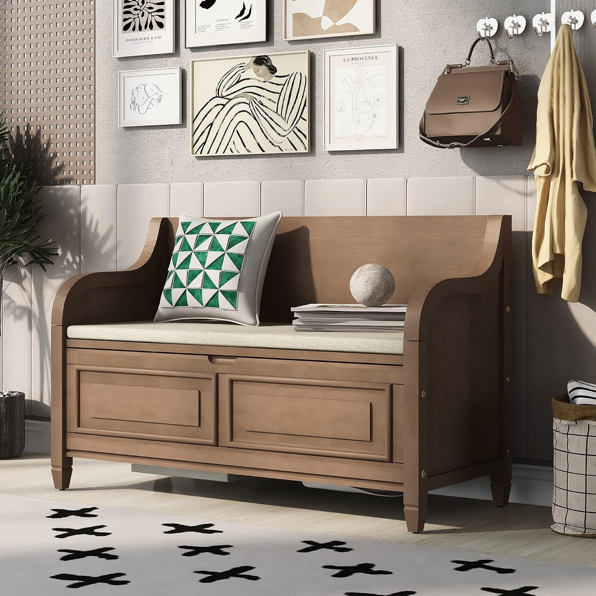 p purlove 42 inch rustic style storage bench,brown, main product view