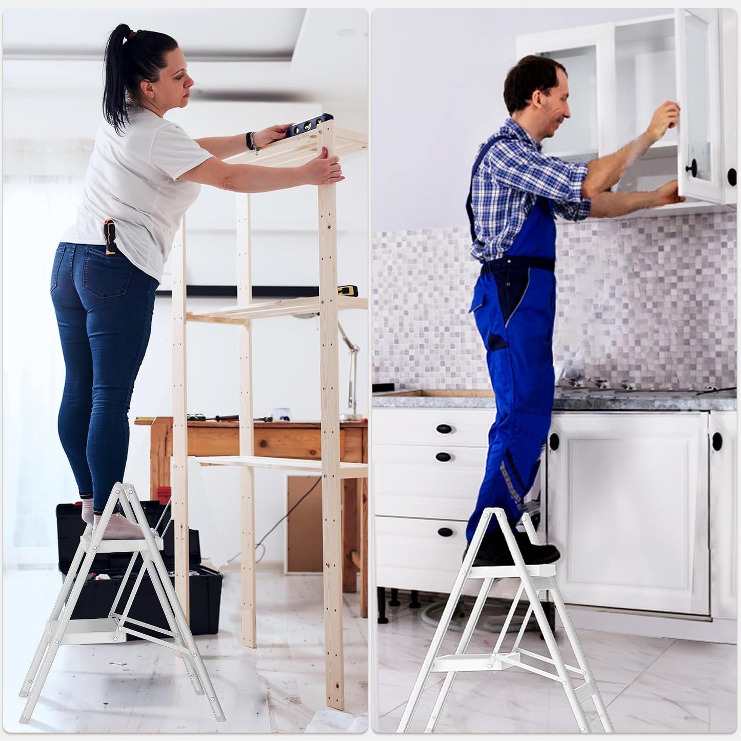 2 Step Ladder, Folding Step Stool with Anti-Slip Wide Pedal, Anti-Slip Feet, Sturdiest Steel Construction, 330lbs Capacity Steel Ladder for Home and Office, White