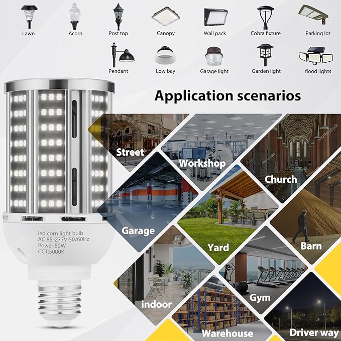 50W LED Corn Light Bulb, 5000K Commercial Grade Daylight E26/E39 6500LM Medium - Image 6
