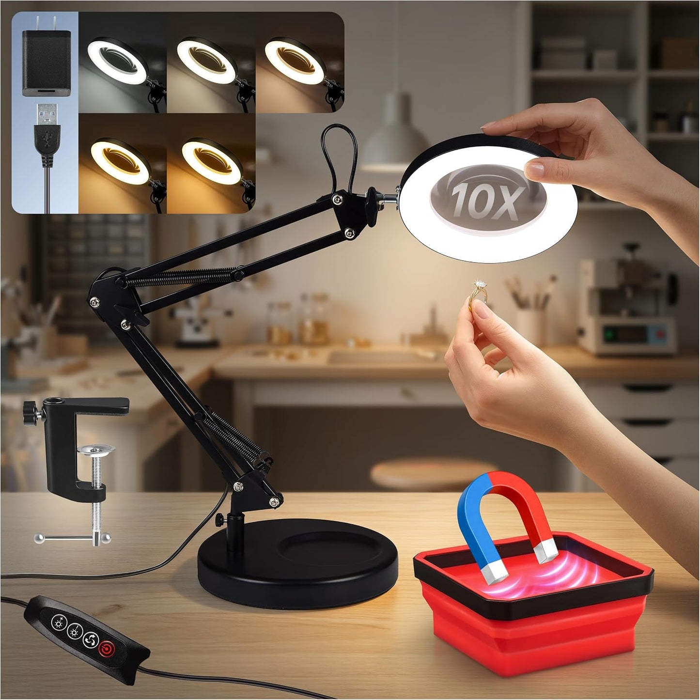 10X Magnifying Lamp - Desk Magnifying Glass with Light, Lighted Magnifying Glass with Stand, Magnifying Light, 5 Color Modes, 2 Mounting Options, USB Cable, Adapter & Magnetic Tray, Black