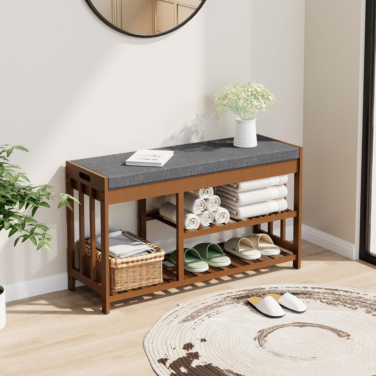 shoe rack bench for entryway, bamboo shoe storage, main product view