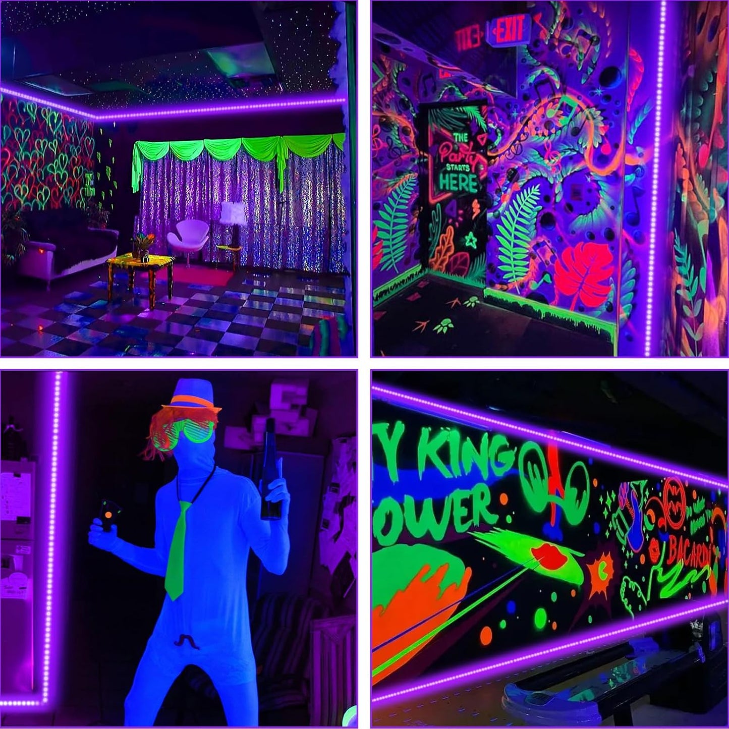 66 Foot Black Light Strip & Remote, 1200LEDs, Dimmable, 3 Lighting Modes | 12V Flexible Black Lights for Halloween, Glow Neon Party, Bedroom, Classroom, Fluorescent Decor Tapestry Poster, Indoor