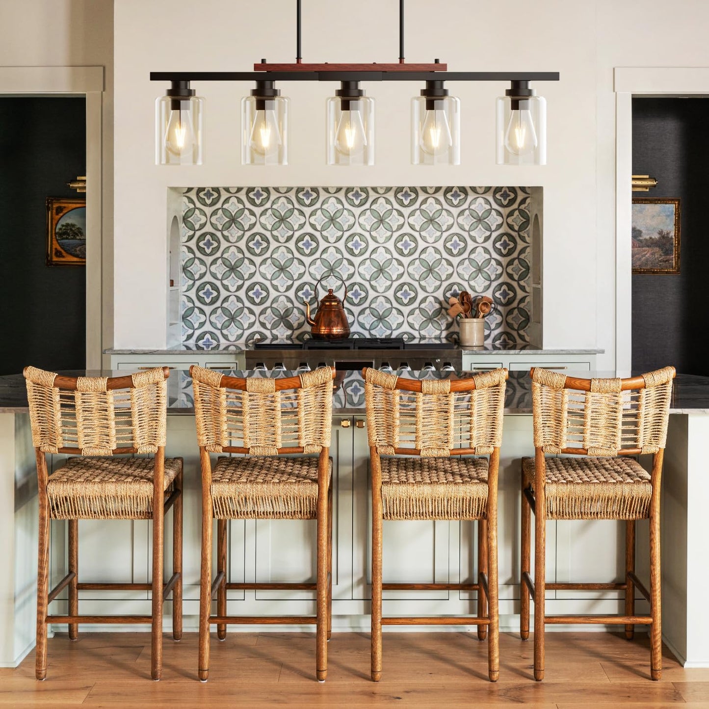 5-Light Dining Room Light Fixture 33.4" Kitchen Island Lighting | Linear Chandelier, Clear Glass Shades, Adjustable Height,for Kitchen Island, Dining Room