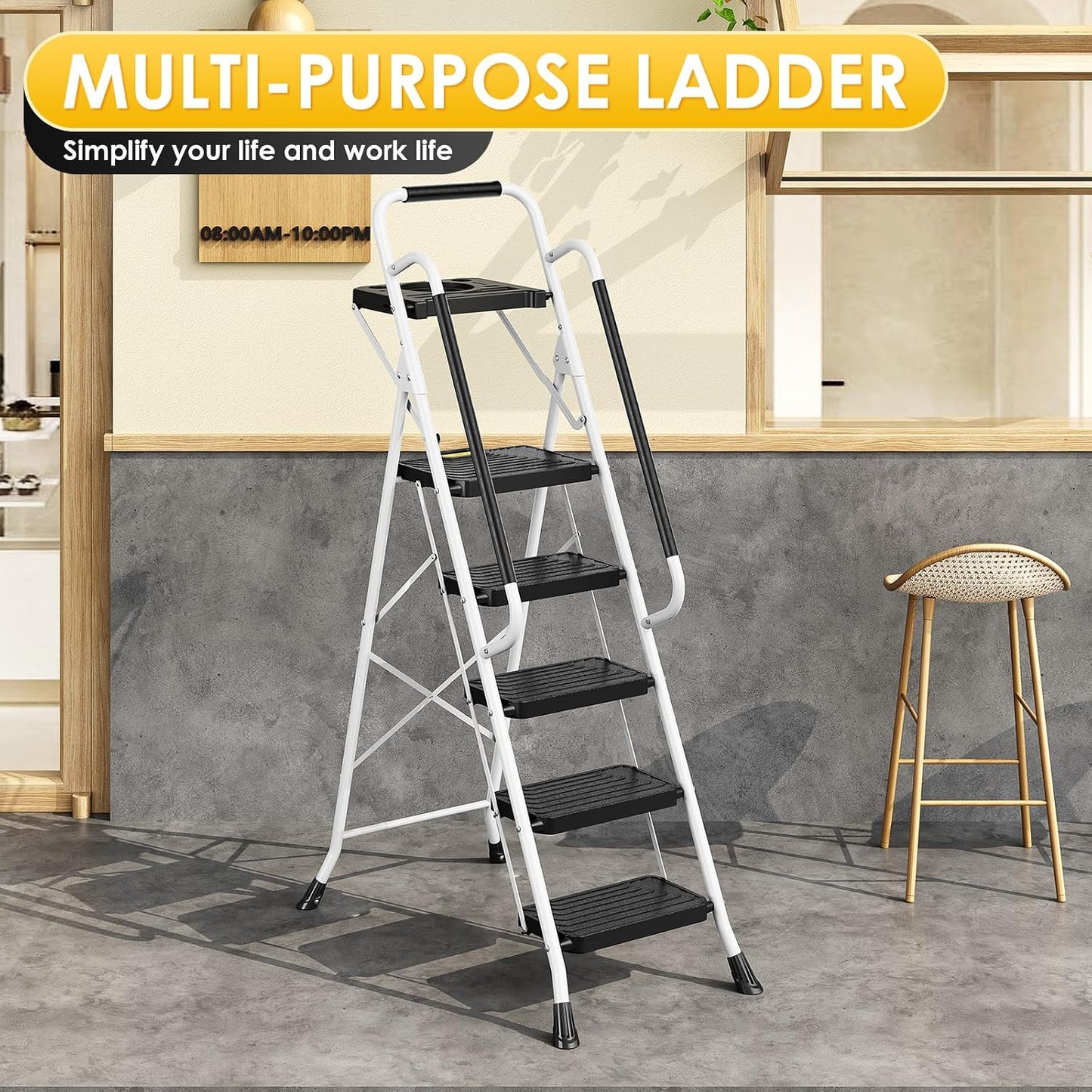 TOOLF 5 Step Ladder with Anti-Slip Wide Pedals, Handrail, Safe-Lock Design | Sturdy Steel Step Stool, Folding Portable Ladder for Multi-Purpose, Home, Kitchen, Pass 800lbs Load Testing, White